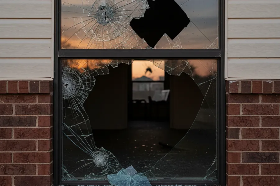 A broken residential window with cracked glass on a Texas home at dusk