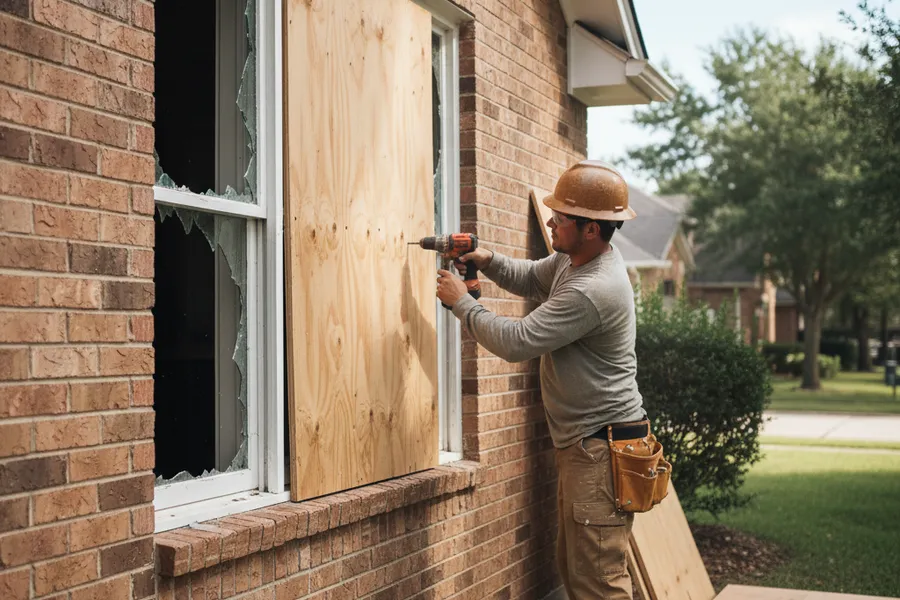 A worker securing a broken window opening with a board on a Texas home