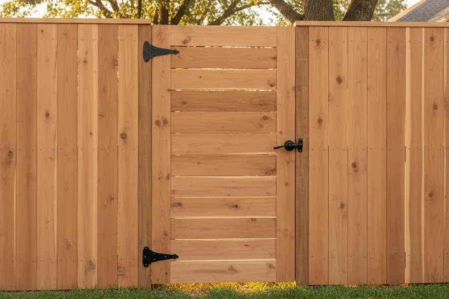 A well-built wood walk gate with metal hinges set into a backyard privacy fence in a Texas neighborhood