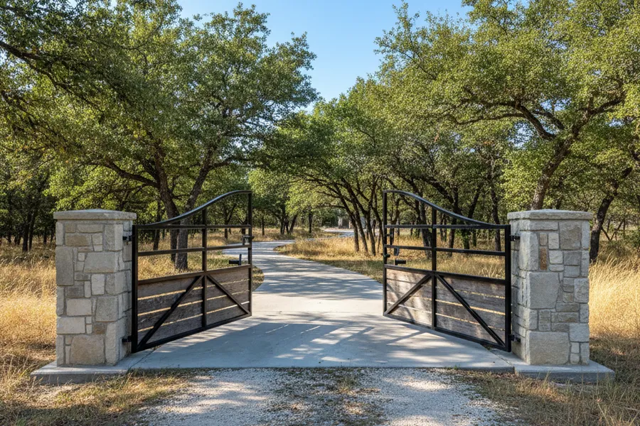 A wide double drive gate opening on a Texas property with both leaves swung open to reveal a driveway