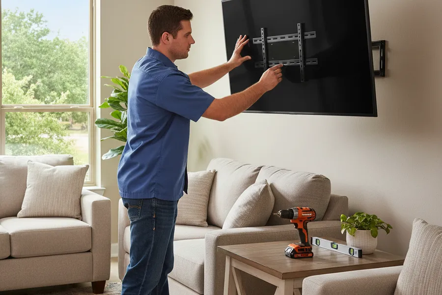 A worker mounting a flat-screen television to a living room wall in a Texas home