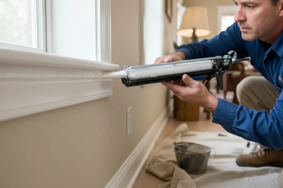 A handyman applying caulk to seal the gap around an interior window frame