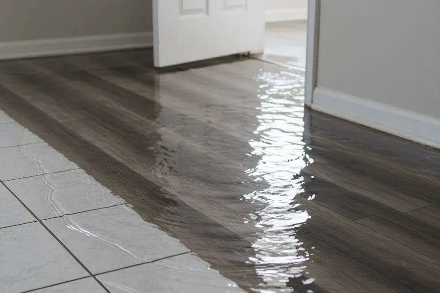 Standing water spreading across the floor of a Texas home after a burst pipe