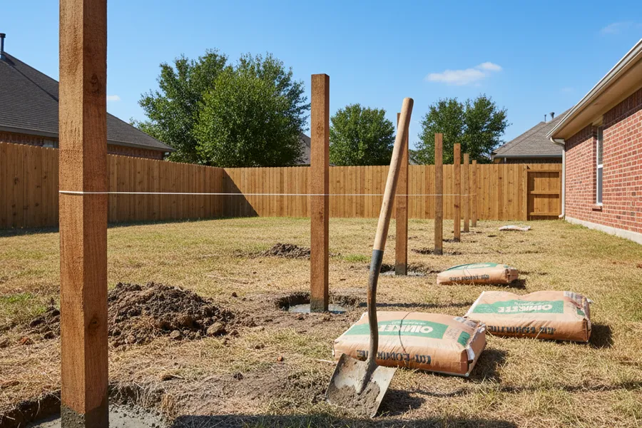 A construction crew setting wooden fence posts in concrete along a marked layout line